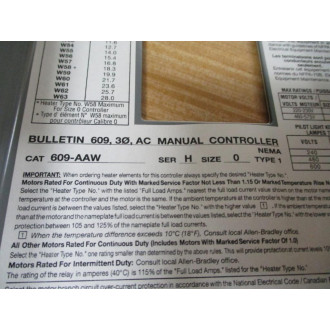 Allen Bradley 609-AAW Manual Starting Switch 609AAW Ser. H