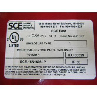 SCE SCE-16N1606LP NEMA 1 Enclosure SCE16N1606LP - New No Box