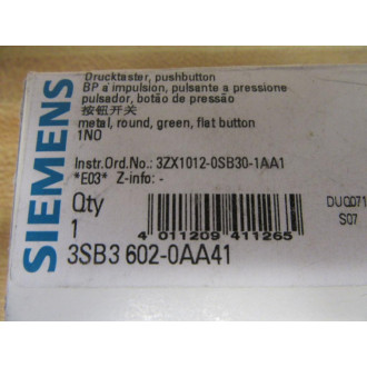 Siemens 3SB3 602-0AA41 Green 3SB36020AA41 wBase & 3SB3400-0B