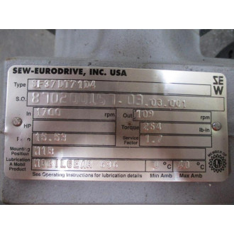 SEW-Eurodrive DFT71D4 Motor W Gear Box SF37DT71D4 - Used