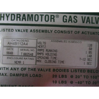 Asco General Controls AH4B112A4 Hydramotor Gas Valve - Used