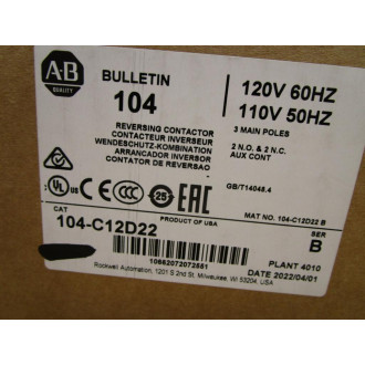 Allen Bradley 104-C12D22 Complete Device Starter 104C12D22 Series B