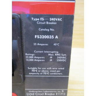 Cutler HammerEaton FS320035A 35A Circuit Breaker - Used