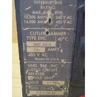 Cutler Hammer EHC 3015 15A Circuit Breaker EHC3015 - Used