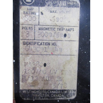 Westinghouse MA3800S 800A Circuit Breaker 843C014G40 - Used