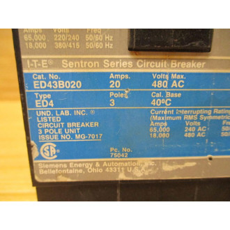 Siemens ITE ED43B020 20A Circuit Breaker - Used