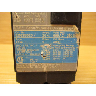 Siemens ITE ED62B020 20A Circuit Breaker ED62B020L - Used