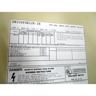 Ingersoll-Rand DH326FGK2JK-IR Heavy Duty Safety Switch DH326FGK2JKIR