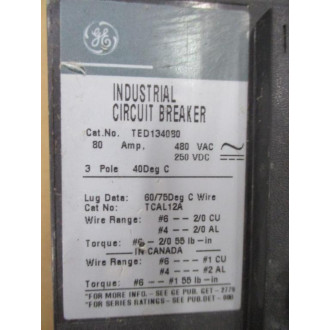 General Electric TED134080 80A Industrial Circuit Breaker GE - Used