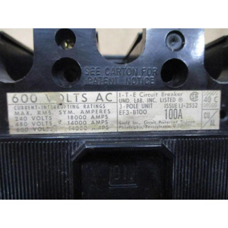 ITE EF3-B100 100A Circuit Breaker EF3B100 - Used