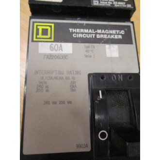 Square D FA22060BC 60A Thermal-Magnetic Circuit Breaker - Used