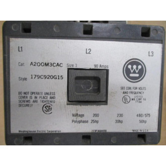 Westinghouse A200M3CAC Motor Starter 179C920G15 - Used