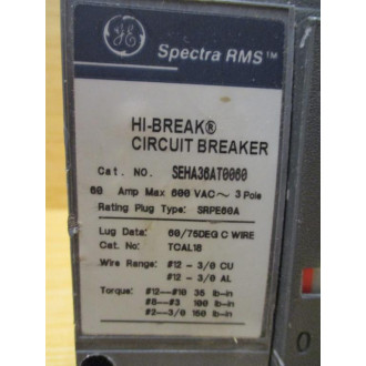 General Electric SEHA36AT0060 Spectra RMS 30A Circuit Breaker W SAUXPAB1 - Used