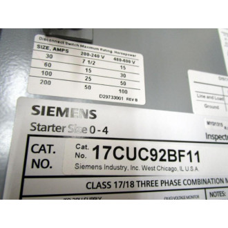 Siemens 17CUC92BF11 Starter - New No Box