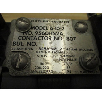 Cutler Hammer 9560H52A Contactor 6-10-2 - Used