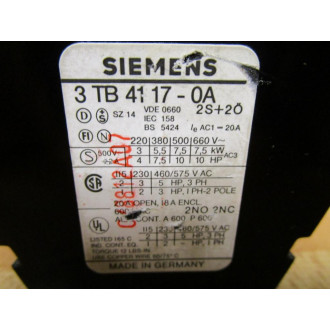 Siemens 3TB41-17-0A Contactor 3TB41170A - Used