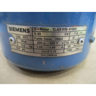 Siemens 1LA3 070-4YB20 Motor 1LA30704YB20 - Used