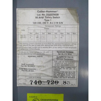 Cutler Hammer DG222NGB Safety Switch - Used