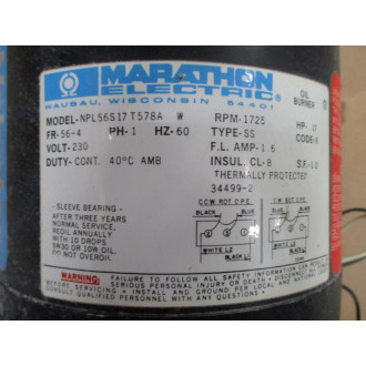 Marathon NPL56S17 T578A W Oil Burner Motor 35197-14 - Used