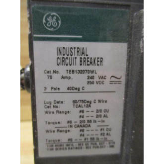 General Electric TEB132070WL 70A Circuit Breaker GE Chipped Switch - Used