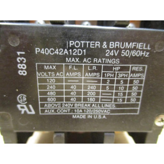 Potter & Brumfield P40C42A12D1-24 Contactor P40C42A12D124 - Used