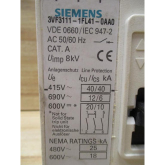 Siemens 3VF3111-1FL41-0AA0 50A Circuit Breaker - Used