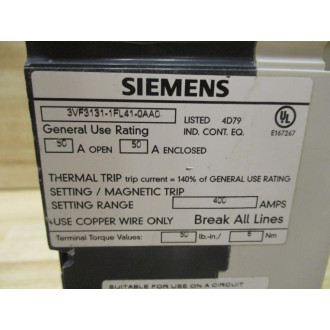 Siemens 3VF3111-1FL41-0AA0 50A Circuit Breaker - Used