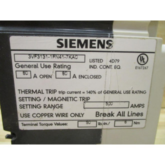 Siemens 3VF3111-1FN41-0AA0 63A Circuit Breaker 3VF3131-1FN41-7KA0 - Used