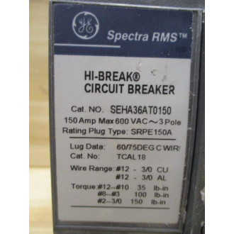 General Electric SEHA36AT0150 Spectra RMS 150A Circuit Breaker - Used