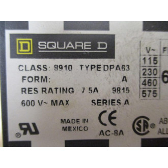 Square D 8910 DPA63V02 Contactor 8910DPA63V02 - Used