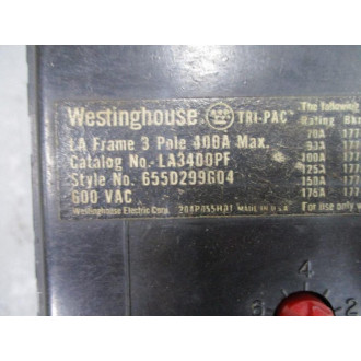 Westinghouse LA3400PF Tri-Pac 400A Circuit Breaker 655D299G04 - Used