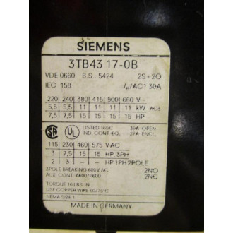 Siemens 3TB43 17-0B Contactor 3TB43170B - Used
