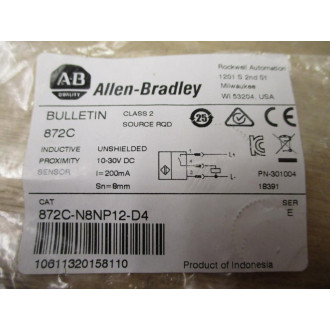 Allen Bradley 872C-N8NP12-D4 Sensor 872CN8NP12D4 Ser. E, 3 Pin