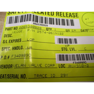 Velan Valve 2574-061N122 Wedge 2574061N122 - New No Box