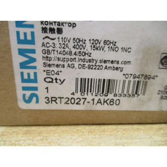 Siemens 3RT2027-1AK60 Sirius Contactor 3RT20271AK60