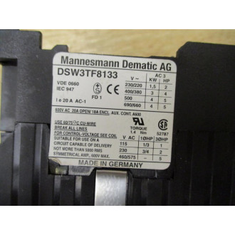 Mannesmann Dematic AG DSW3TF8133 Contactor - Used
