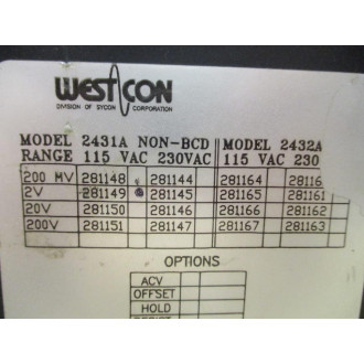 SyconWestcon 2431A -0281149 D.C Volt Panel Meter 2431A 0281149 - Used