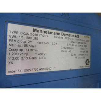 Demag DKUN 2-250 K V2 F4 Chain Hoist DKUN2250KV2F4 W DSK3SP2 - Used