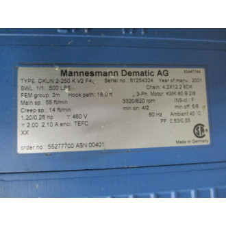 Demag DKUN 2-250 K V2 F4 Chain Hoist DKUN2250KV2F4 W Mounting Ring - Used