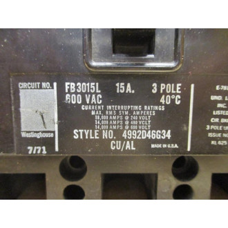 Cutler Hammer FB3015L Westinghouse 15A Circuit Breaker WO Lugs - Used