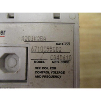 Cutler Hammer A201K2BA Eaton Motor Control Contactor 6710C55G02 - Used
