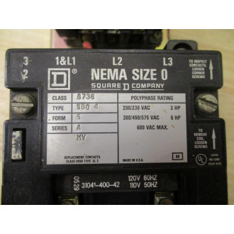 Square D 8736 SBO 4S Reversing Contactor 8736 SB0 4S - Used