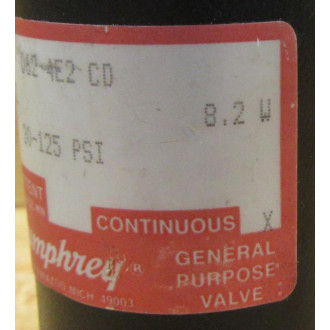 Humphrey 062-4E2-CD Solenoid Valve 0624E2CD - Used