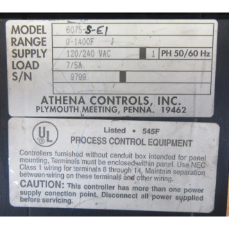 Athena Controls 6075-S-E1 Temperature Controller 6075SE1 - Used