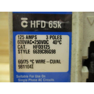 Cutler Hammer-Westinghouse HFD3125 125A Industrial Circuit Breaker Series C - Used