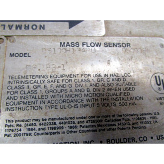 Micro Motion DS100H134PU Mass Flow Sensor - Used
