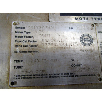 Micro Motion DS100H134PU Mass Flow Sensor - Used
