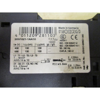 Siemens 3RV1-021-1AA10 Relay 3RV10211AA10 G051128 E05 - Used