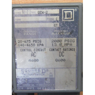Square D 9012-GEW-2 Electrical Pressure Switch 9012GEW2 Ser. C - Used