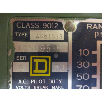 Square D 9012-ACW1S37 Pressure Switch 9012ACW1S37 Ser.B - Used